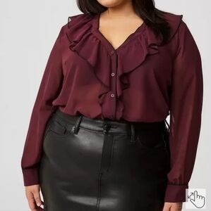 Torrid Ruffle Trim Button-Up Sheer Blouse